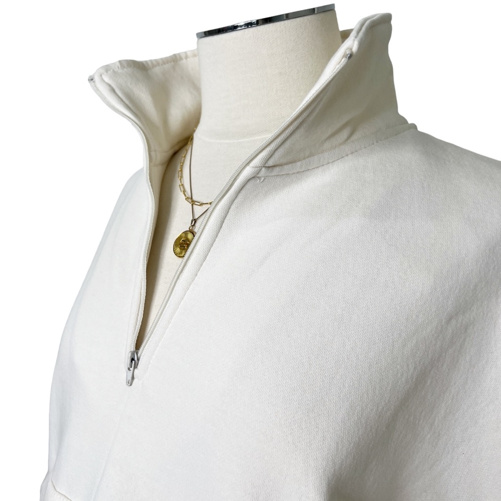 New WEWOREWHAT Women’s Oversized Cropped Cotton Blend 1/4 Zip Sweatshirt Cream S - Picture 4 of 13